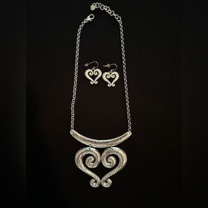 Brighton Genoa Scroll Heart silver plated statement necklace and earrings
